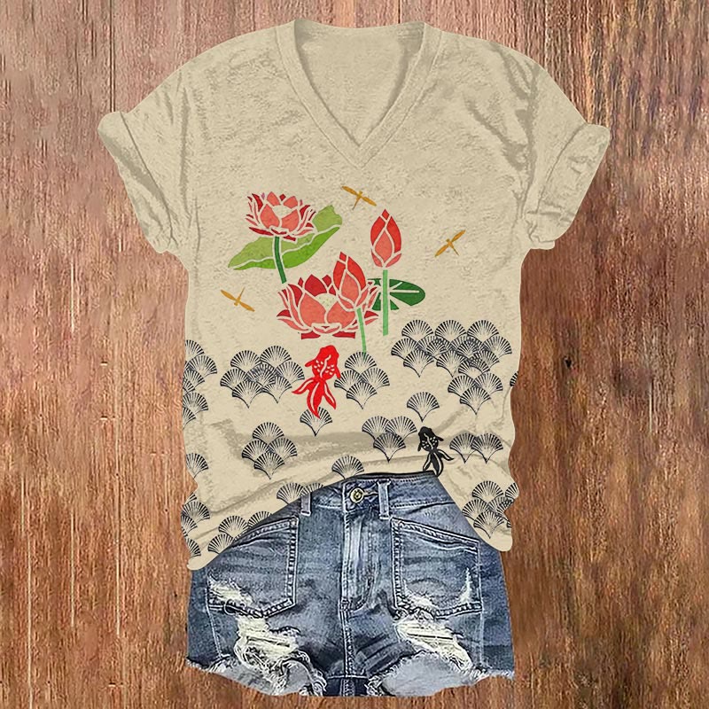 Japanese Retro Lotus Dragonfly Art Print T-shirt - Apricot - US32-34(5XL) - image 1