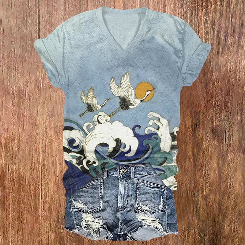 Japanese Crane And Waves Art Print T-shirt - Blue - US32-34(5XL) - image 1