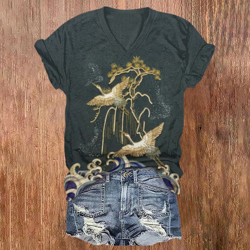 Japanese Crane And Pine Tree Art Print T-shirt - Green - US32-34(5XL) - image 1