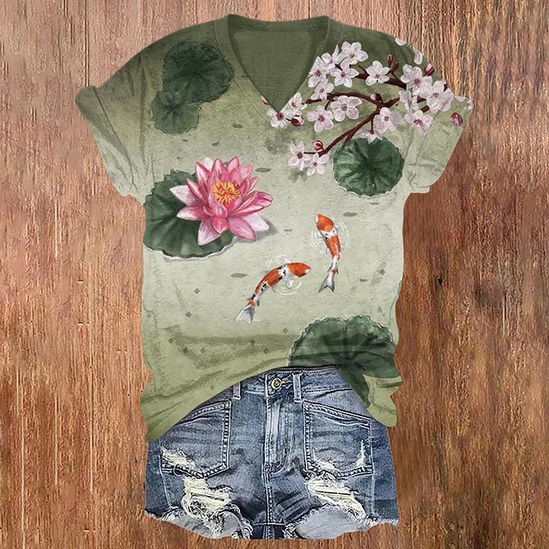 Koi And Lotus Art Print T-shirt - Green - US32-34(5XL) - image 1