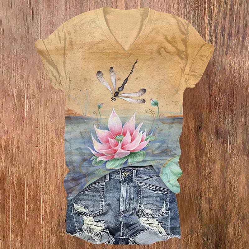 Japanese Style Dragonfly And Lotus Art Print T-shirt - Khaki - US32-34(5XL) - image 1