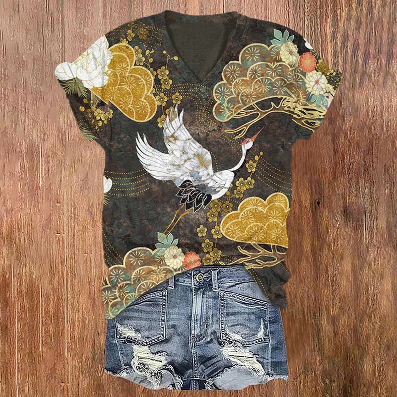 Japanese Pine And Crane Art Print T-shirt - Multicolor - US32-34(5XL) - image 1