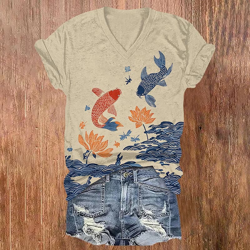 Japanese Style Wave Koi Lotus Art Print T-shirt - Apricot - US32-34(5XL) - image 1