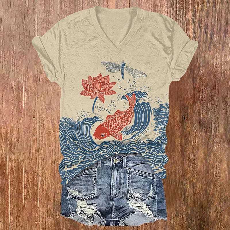 Japanese Simple Wave Koi Lotus Art Print T-shirt - Apricot - US32-34(5XL) - image 1