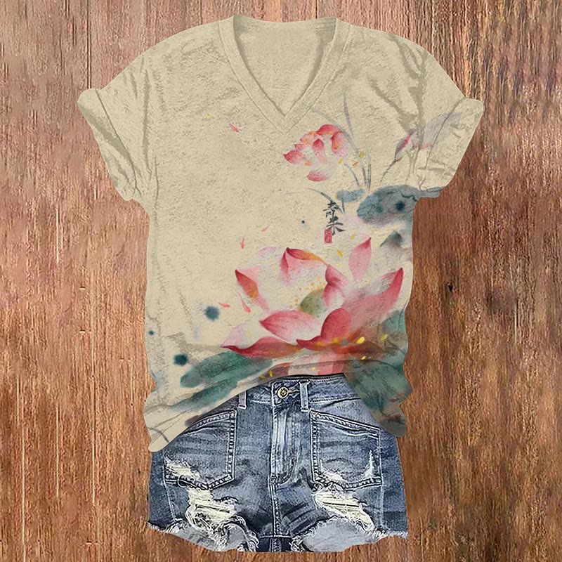 Japanese Lotus Ink Art Print T-shirt - Apricot - US32-34(5XL) - image 1