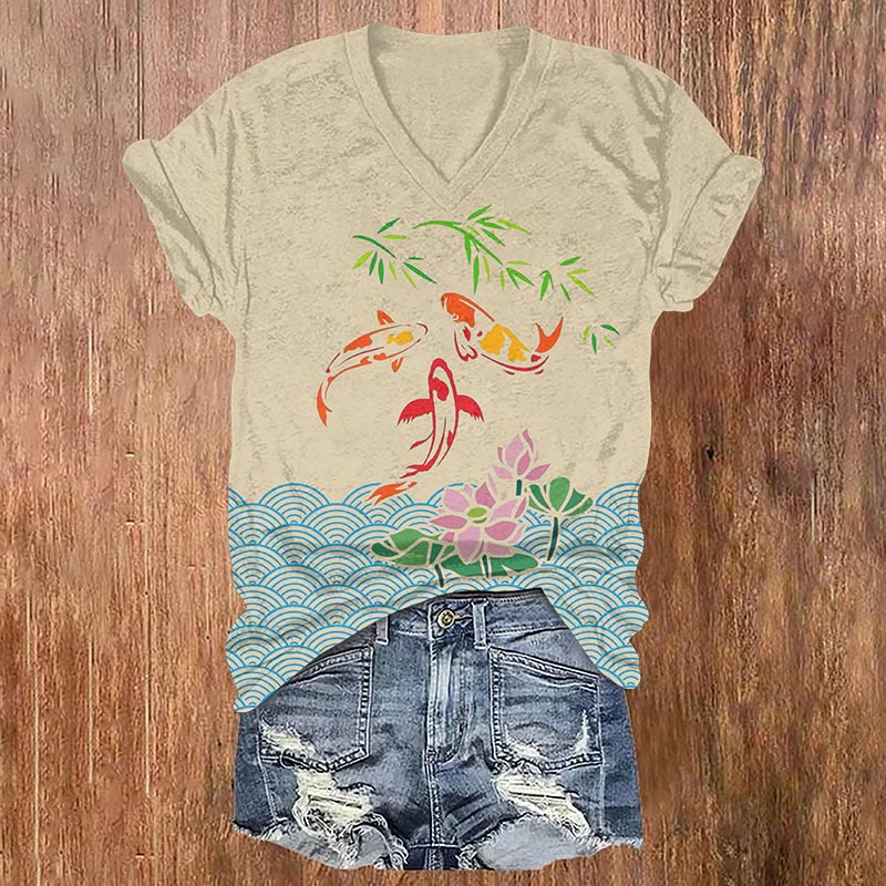 Japanese Lotus Pond Koi Art Print T-shirt - Apricot - US32-34(5XL) - image 1