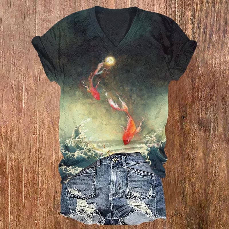 Japanese Style Night Sky Wave Carp Art Print T-shirt - Black - US32-34(5XL) - image 1