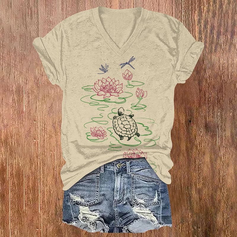 Japanese Style Turtle And Lotus Dragonfly Art Print T-shirt - Apricot - US32-34(5XL) - image 1