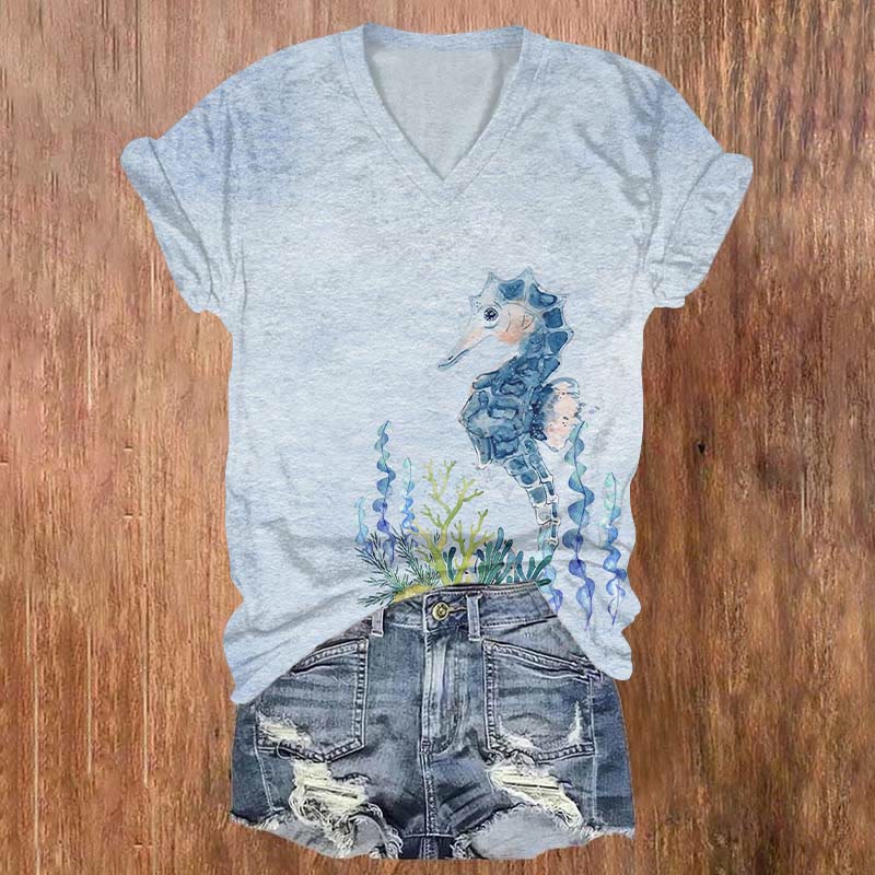 Lovely Seahorse & Sea Plants Print T-shirt - Light Blue - US32-34(5XL) - image 1
