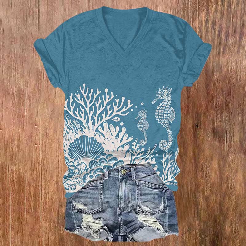 Seahorse & Shells & Coral Art Print T-shirt - Blue - US32-34(5XL) - image 1