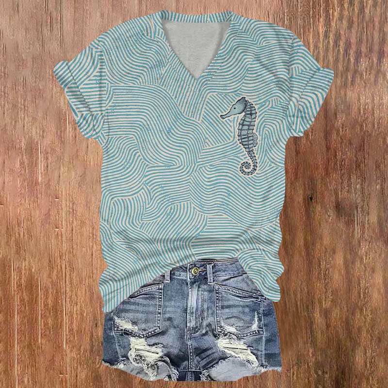 Abstract Wavy Curve Seahorse Art Print T-shirt - Blue - US32-34(5XL) - image 1