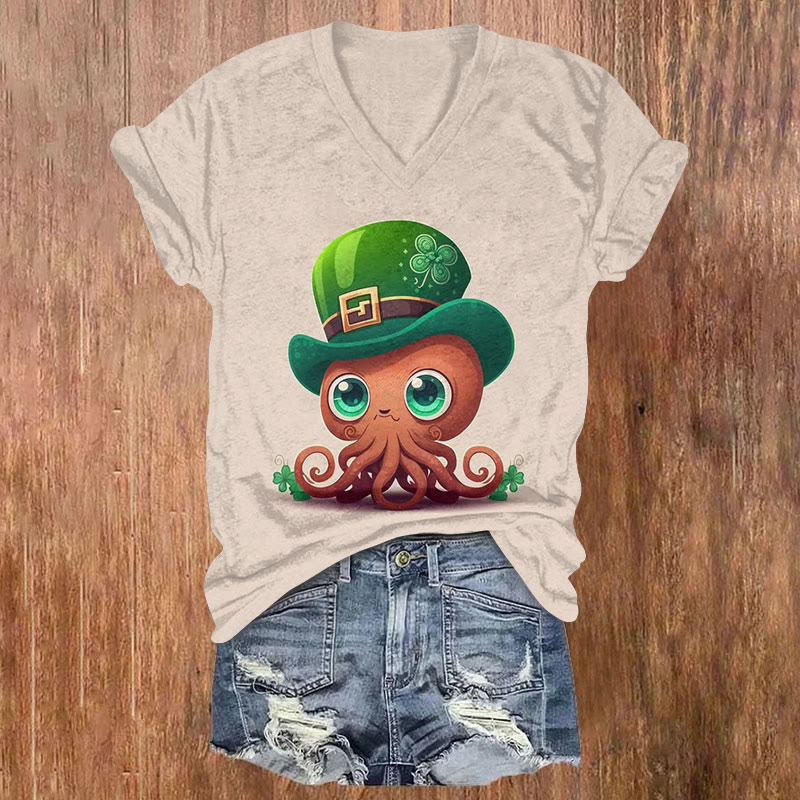 St. Patrick's Day Cute Octopus Hat Art Print T-shirt - Apricot - US32-34(5XL) - image 1