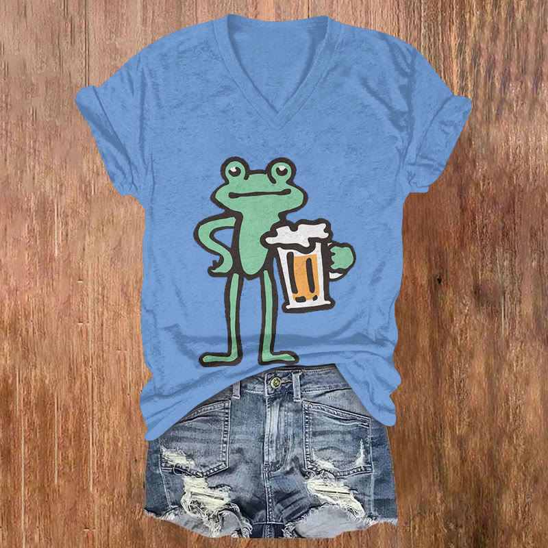 St. Patrick's Day Cartoon Frog Drinking Beer Print T-shirt - Blue - US32-34(5XL) - image 1