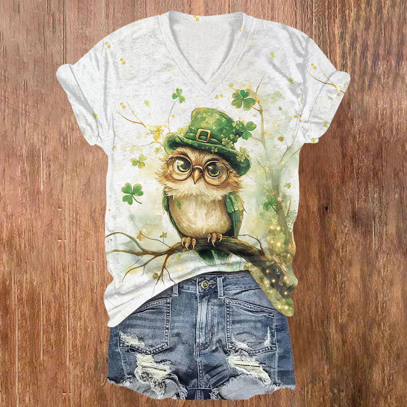 St. Patrick's Day Owl Shamrock Topper Print T-shirt - White - US32-34(5XL) - image 1