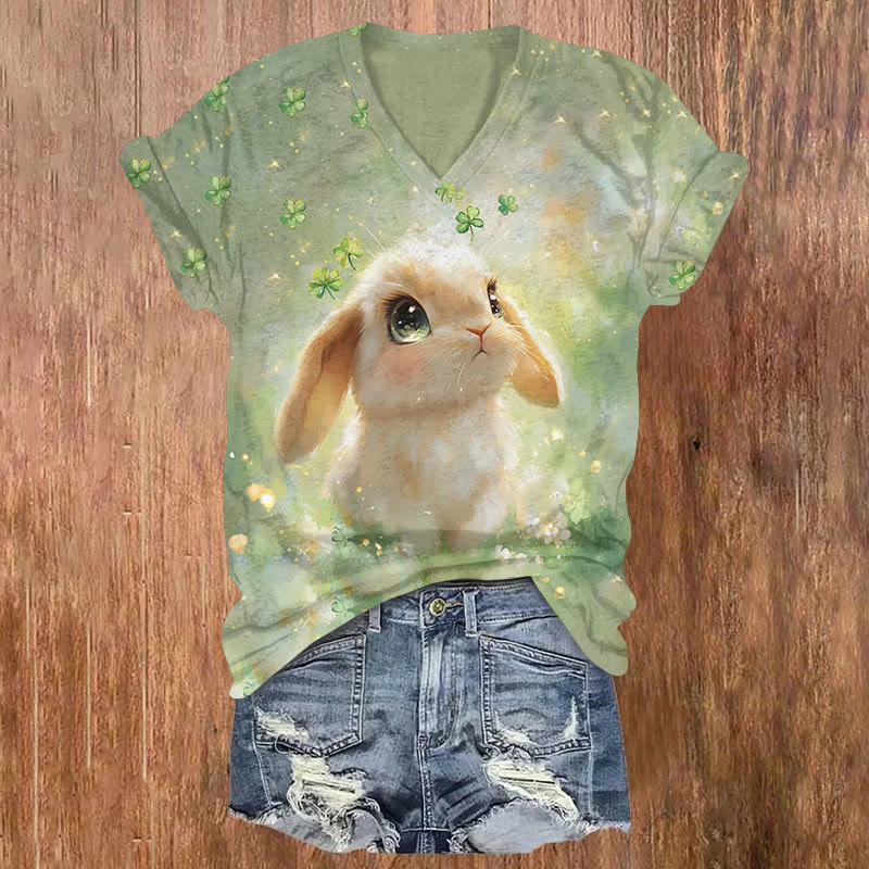 St. Patrick's Day Four-leaf Clover And Rabbit Print T-shirt - Green - US32-34(5XL) - image 1