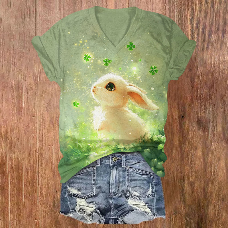 St. Patrick's Day Cute Rabbit And Four-leaf Clover Print T-shirt - Green - US32-34(5XL) - image 1