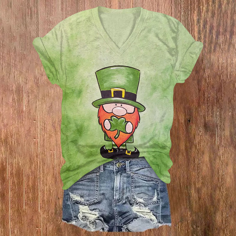 St. Patrick's Day Cute Gnome Holding Four-leaf Clover Print T-shirt - Green - US32-34(5XL) - image 1