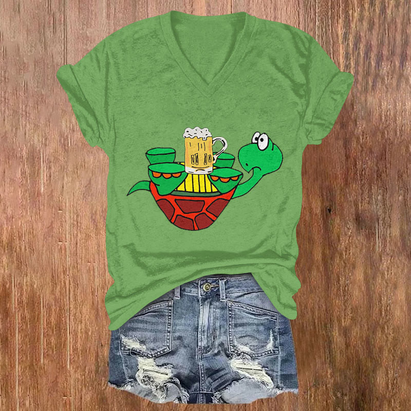 St. Patrick's Day Cute Upside Down Turtle Beer Print T-shirt - Green - US32-34(5XL) - image 1