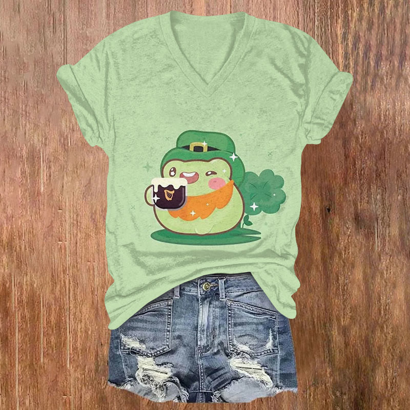 St. Patrick's Day Cute Frog And Drink Print T-shirt - Green - US32-34(5XL) - image 1
