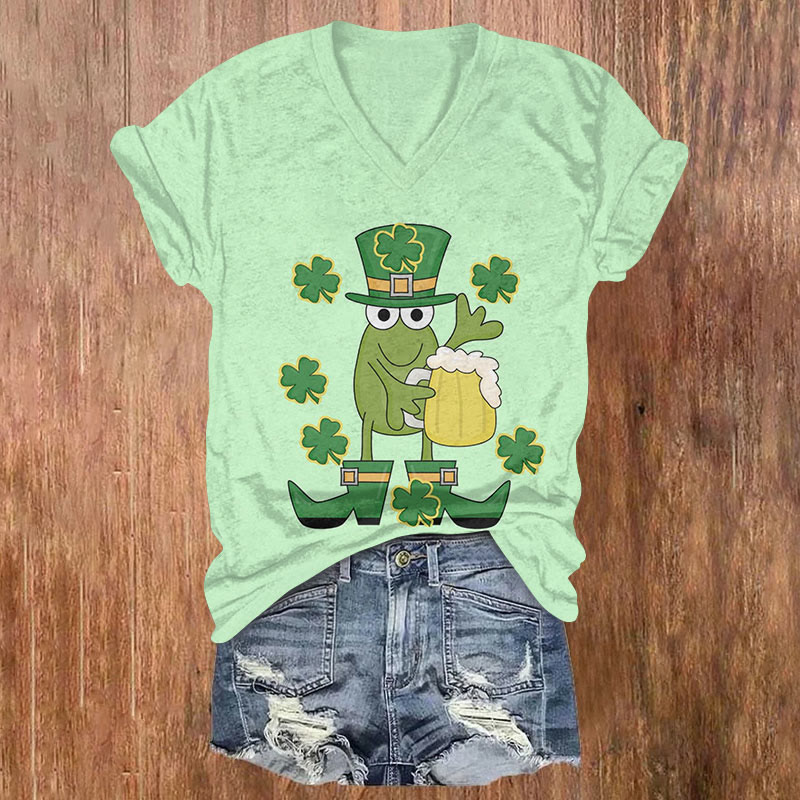 St. Patrick's Day Cute Frog With Drink And Four-leaf Clover Print T-shirt - Green - US32-34(5XL) - image 1