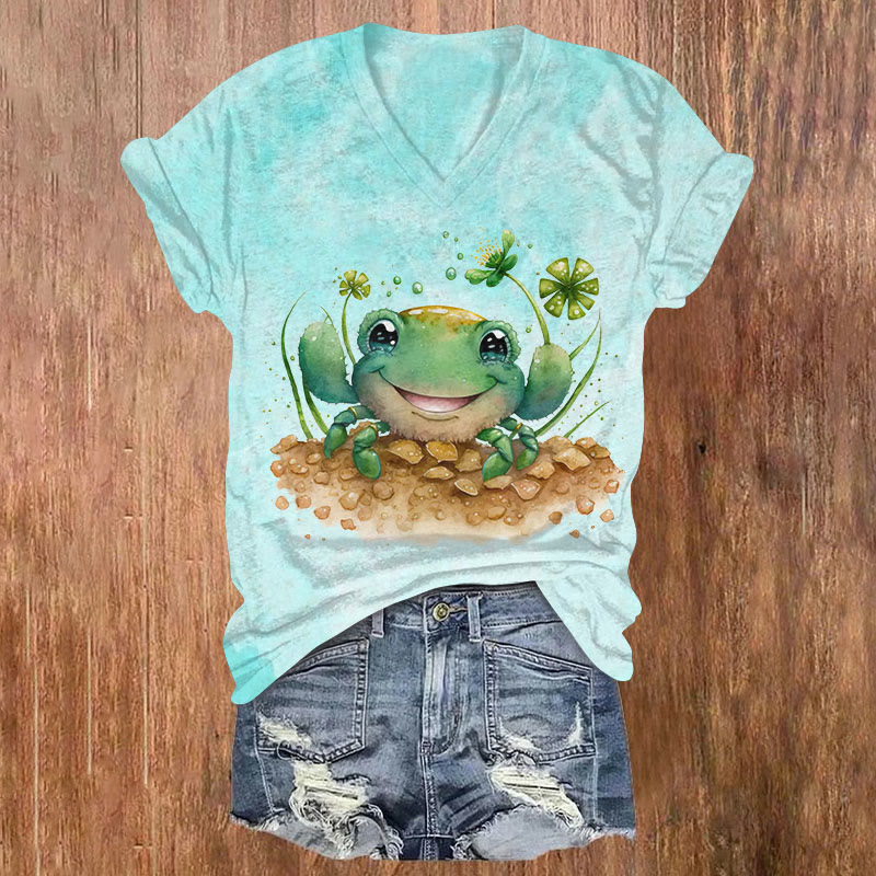 St. Patrick's Day Smiling Crab Print T-shirt - Light Blue - US32-34(5XL) - image 1