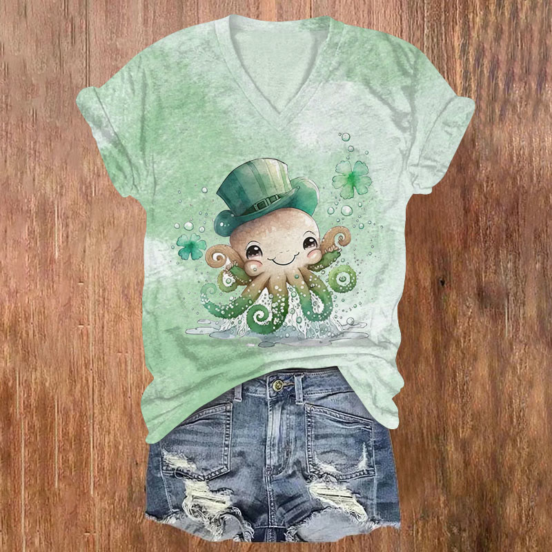 St. Patrick's Day Ocean Hat Octopus Print T-shirt - Light Green - US32-34(5XL) - image 1
