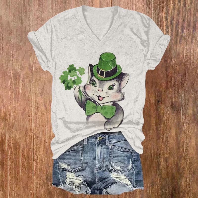 St. Patrick's Day Bunny Holding A Four-leaf Clover Print T-shirt - Light Gray - US32-34(5XL) - image 1