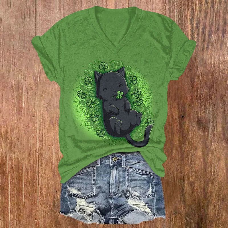 St. Patrick's Day Lucky Black Cat And Shamrock Print T-shirt - Green - US32-34(5XL) - image 1