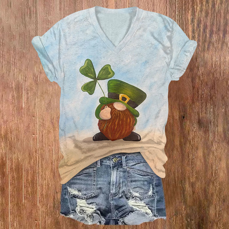St. Patrick's Day Gnome Holding Shamrock Print T-shirt - Light Blue - US32-34(5XL) - image 1