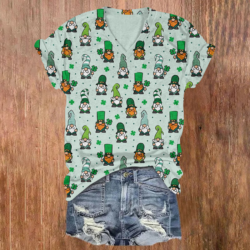 St. Patrick's Day Lucky Gnome And Four Leaf Clover Print T-shirt - Light Blue - US32-34(5XL) - image 1