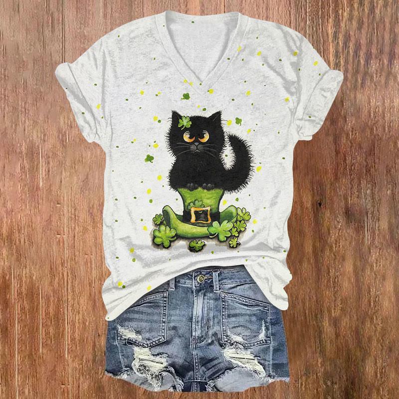 St. Patrick's Day Lucky Black Cat And Hat Print T-shirt - White - US32-34(5XL) - image 1