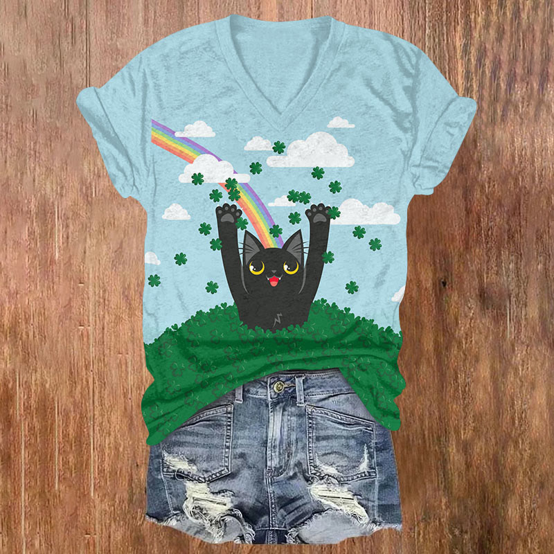 St. Patrick's Day Lucky Rainbow Black Cat And Four Leaf Clover Print T-shirt - Sky Blue - US32-34(5XL) - image 1