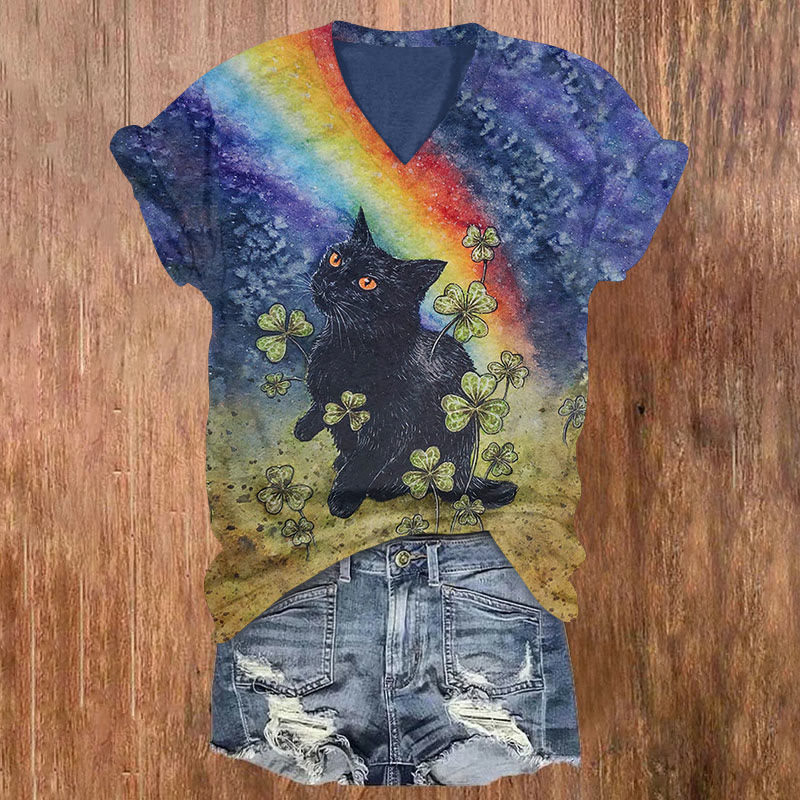 St. Patrick's Day Lucky Rainbow Black Cat And Shamrock Print T-shirt - Multicolor - US32-34(5XL) - image 1