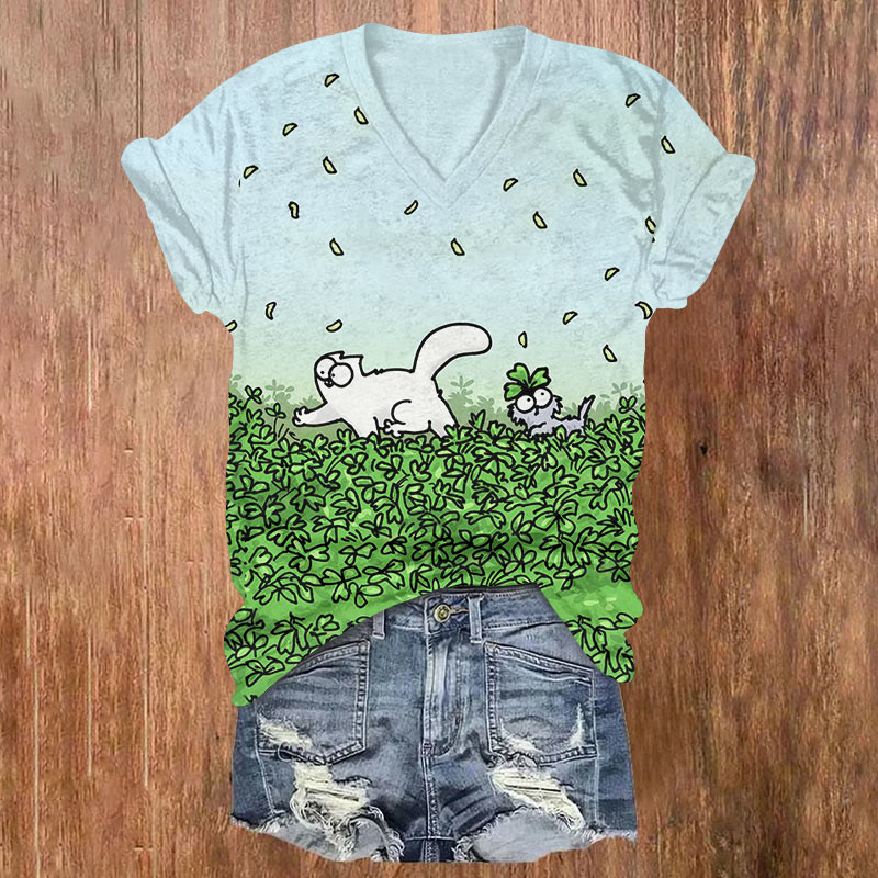 St. Patrick's Day Cute Cat And Shamrock Print T-shirt - Light Blue - US32-34(5XL) - image 1