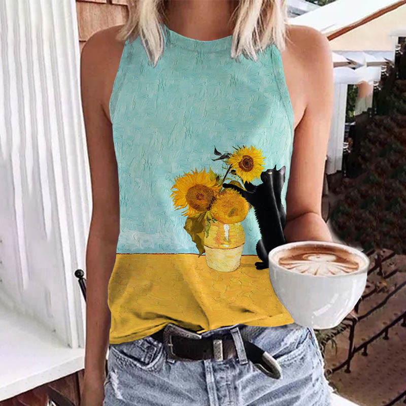 Cute Cat & Sunflower Art Print Crew Neck Tank Top - Mint - 5XL - image 1