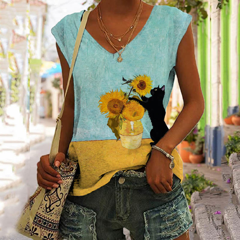 Cute Cat & Sunflower Art Print V-neck Tank Top - Mint - 5XL - image 1