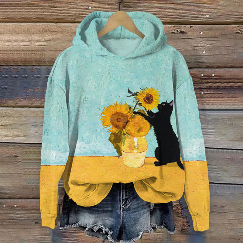 Cute Cat & Sunflower Art Print Long Sleeve Hoodie - Mint - US44-46(8XL) - image 1