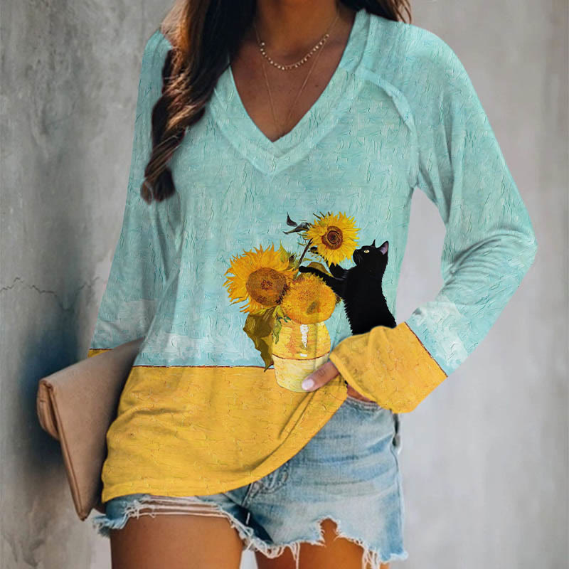 Cute Cat & Sunflower Art Print  Long Sleeve T-shirt - Mint - 5XL - image 1