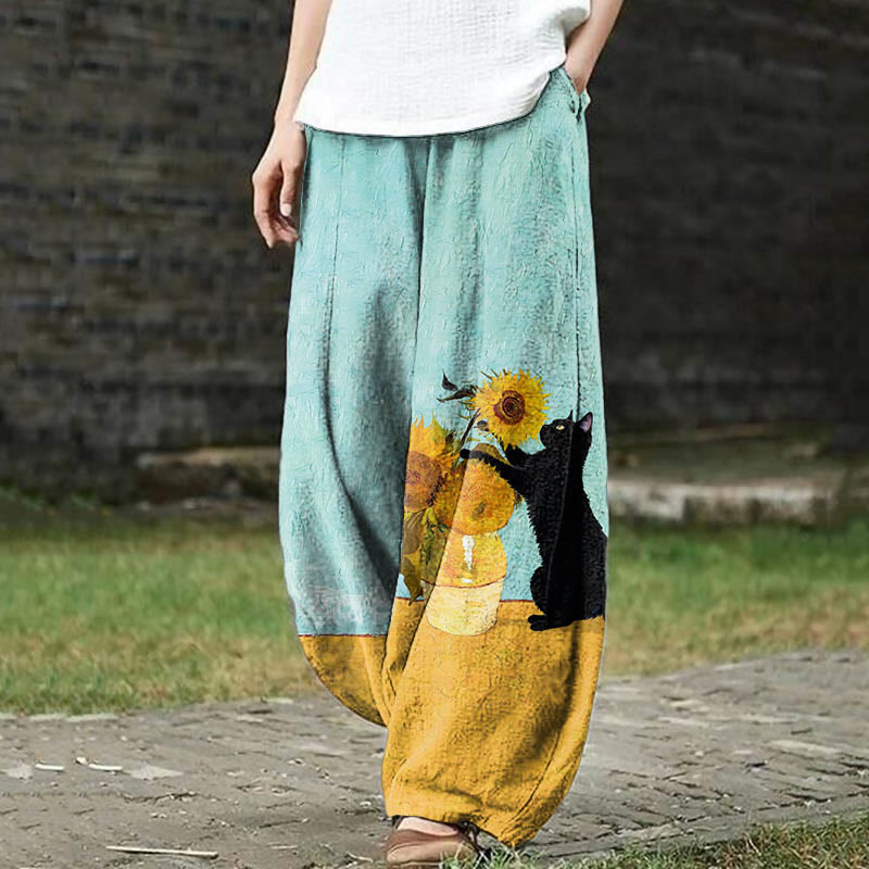 Cute Cat & Sunflower Art Print Casual Pants - Mint - US18(5XL) - image 1