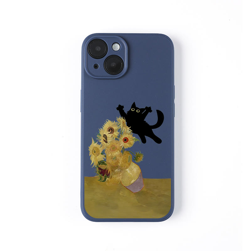 Funny Cat And Sunflower Oil Painting Print Phone Case - Dark Blue - iPhone 16 Pro Max - image 1