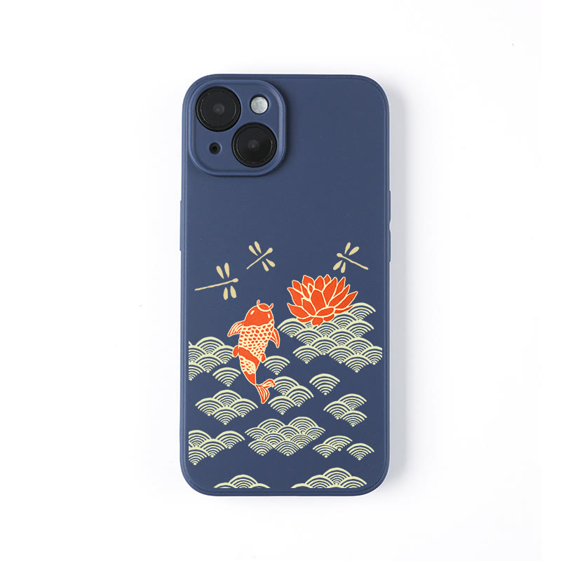 Japanese Style Koi Fish Dragonfly Wave Art Print Phone Case - Dark Blue - iPhone 16 Pro Max - image 5