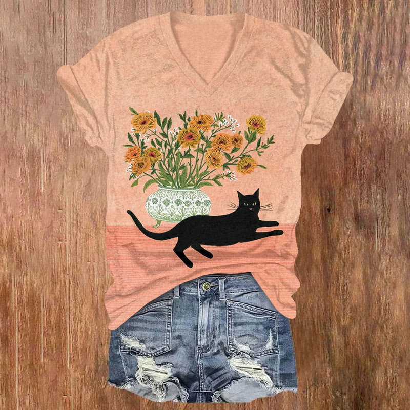 Funny Cat And Oil Painting Flowers Print T-shirt - Pink - US32-34(5XL) - image 1