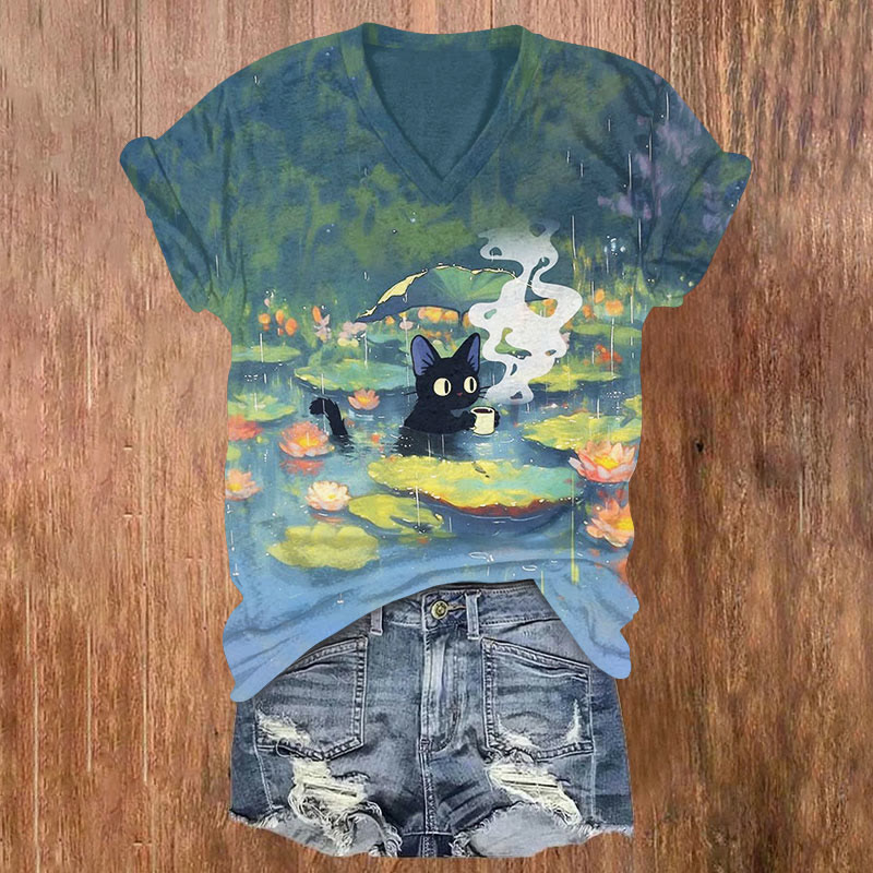  Interesting Cat Drinking Water In Lotus Pond Print T-shirt - Blue - US32-34(5XL) - image 1