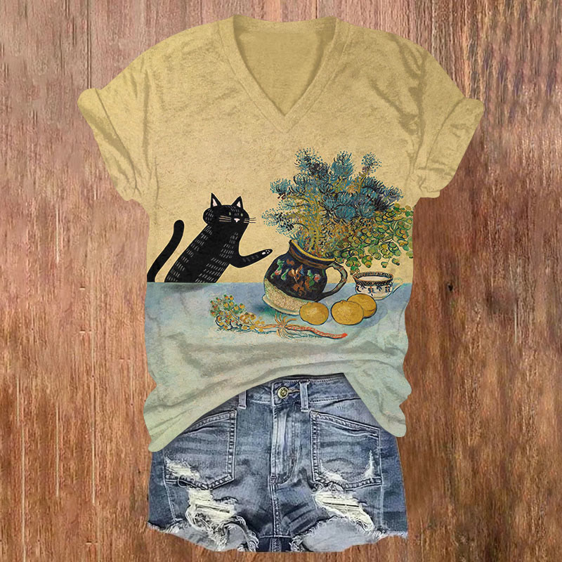 Funny Cat And Vase Print T-shirt - Yellow - US32-34(5XL) - image 1