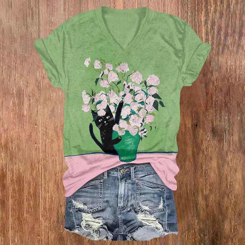 Funny Cat And Flowers Oil Painting Print T-shirt - Green - US32-34(5XL) - image 1