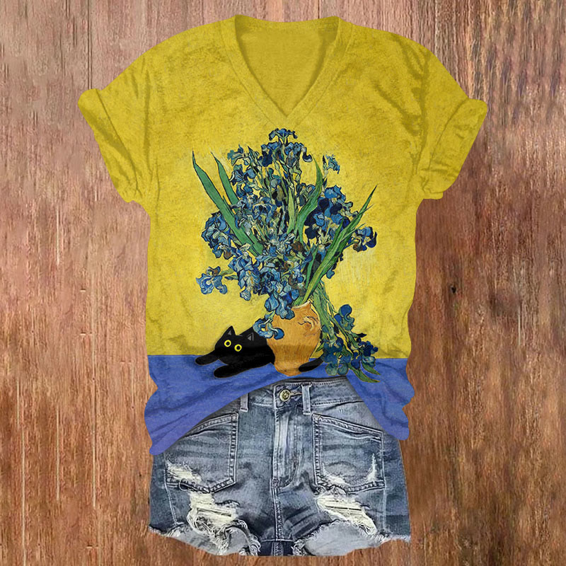 Iris And Black Cat Print T-shirt - Yellow - US32-34(5XL) - image 1