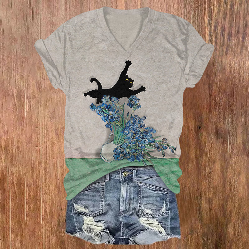  Iris And Funny Cat Print T-shirt - Grey - US32-34(5XL) - image 1