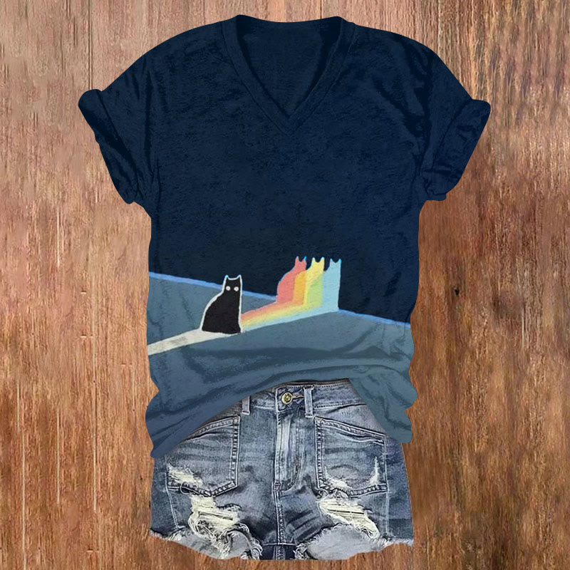 Rainbow Cat At Night Art Print T-shirt - Dark Blue - US32-34(5XL) - image 1