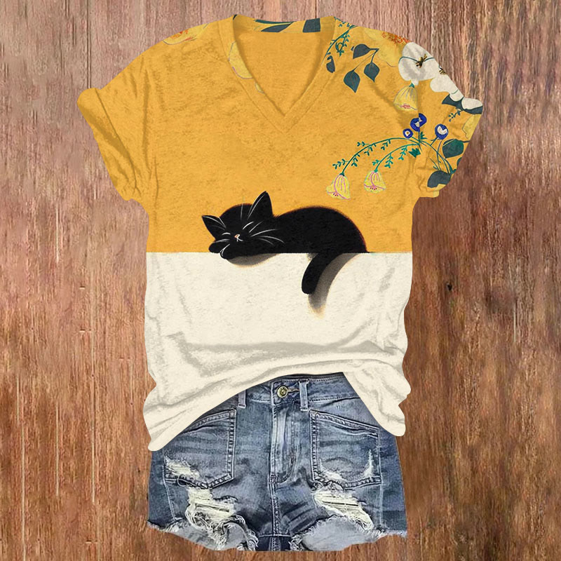 Garden Lazy Cat Art Print T-shirt - Yellow - US32-34(5XL) - image 1