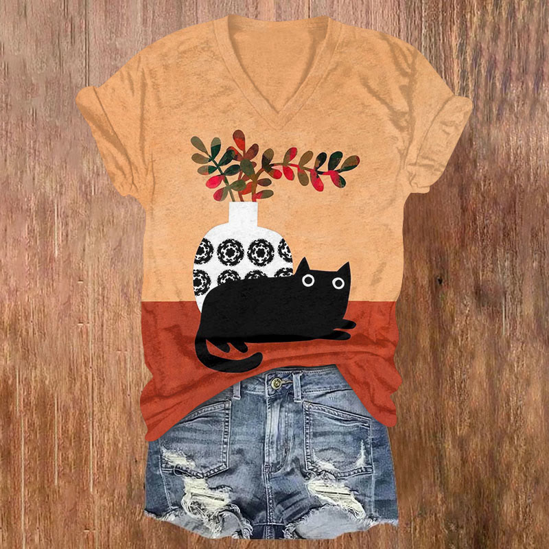 Simple Black Cat And Vase Art Print T-shirt - Orange - US32-34(5XL) - image 1